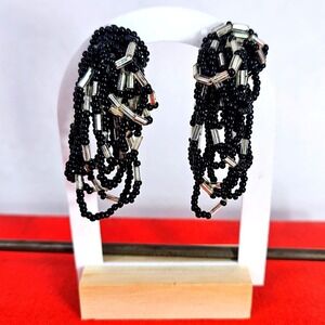 Vintage Black Silver Seed Bead‎ Waterfall Tassel Cluster Clip On Earrings 2"